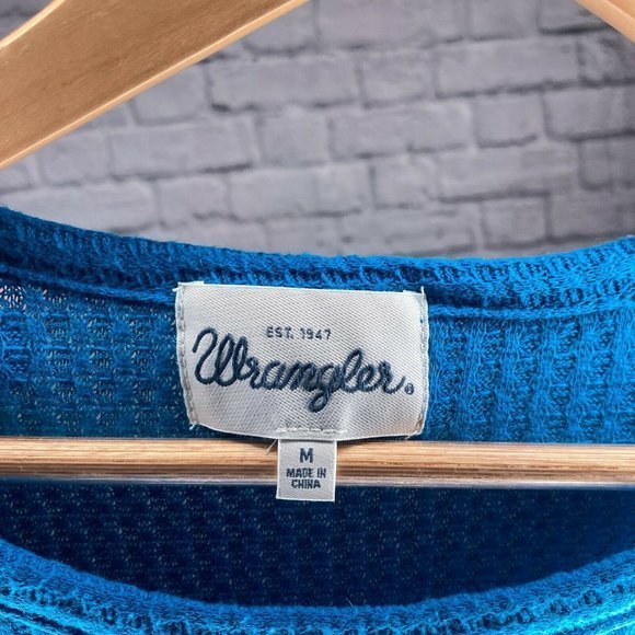 Wrangler Medium M Blue Waffle Thermal Knit Ruffle Floral Embroidered Top Shirt - Picture 4 of 5